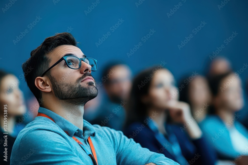 Poster man with glasses addressing a large crowd in a public speaking engagement or educational seminar set
