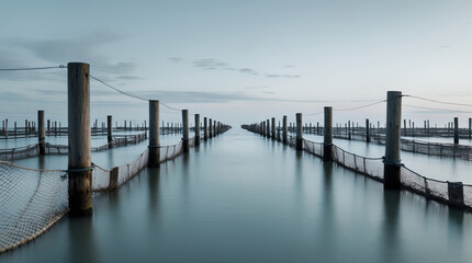 Obraz premium Tranquil view of fishing piers at dawn in calm water with nets stretched between posts