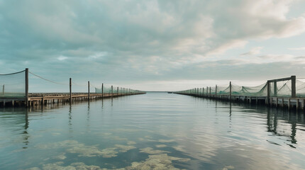 Obraz premium Calm waters stretch between fishing piers at dawn in a quiet coastal location