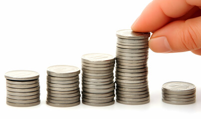 Hand adding coin to growing stacks of coins, representing financial growth, savings, investment, wealth, and economic prosperity.  A visual metaphor for success and accumulating assets.