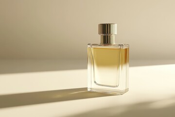 A sleek and elegant perfume bottle on a soft cream colored background