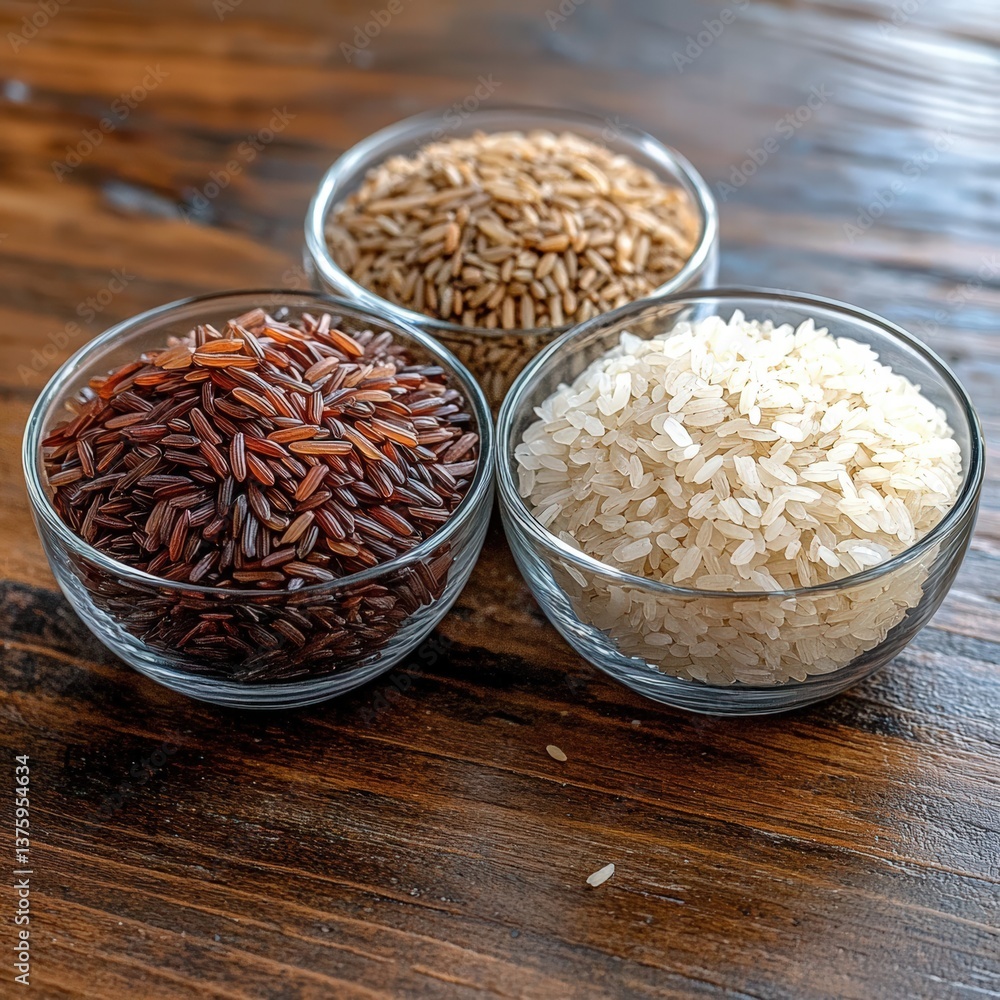 Poster close-up of varieties of rice grains displaying different textures and colors in a rustic setting