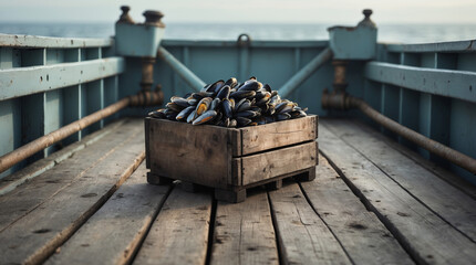 Mussels harvested on a wooden fishing boat during late afternoon in a coastal area