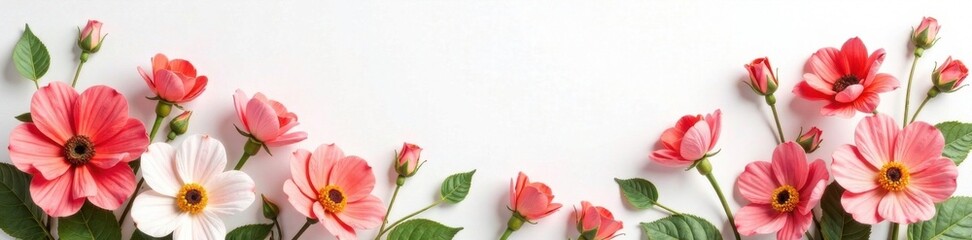 Artificial flowers in a decorative arrangement against a soft white background, flowers arrangement, decorative element, elegant background