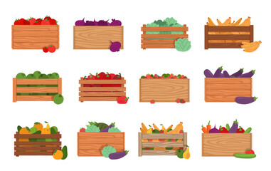 Fototapeta premium Wooden boxes with vegetables and fruits. Organic market pack, harvest in containers, agriculture crates, storage, export fresh natural food, cartoon flat style isolated nowaday vector set