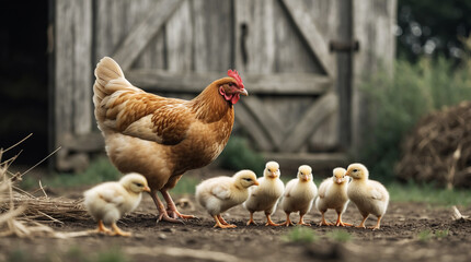 Fototapeta premium Hen walks with her chicks along the farmyard during a sunny afternoon in springtime