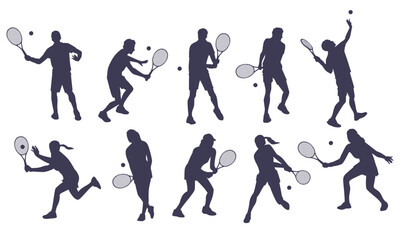Set silhouettes of tennis players. Professional male and female athletes in different active poses, men and women with rackets batting and serving ball, sport vector flat isolated illustration