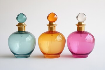 Three colorful perfume bottles with decorative tops on a white background