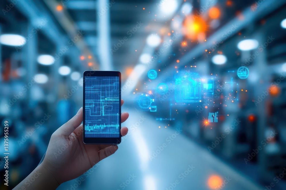 Aufkleber Hand holding a smartphone displaying a blueprint image of a factory representing industrial design and technology