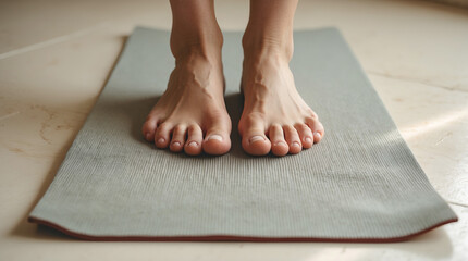 Feet positioned on a yoga mat in a peaceful indoor environment perfect for relaxation and mindfulness practice