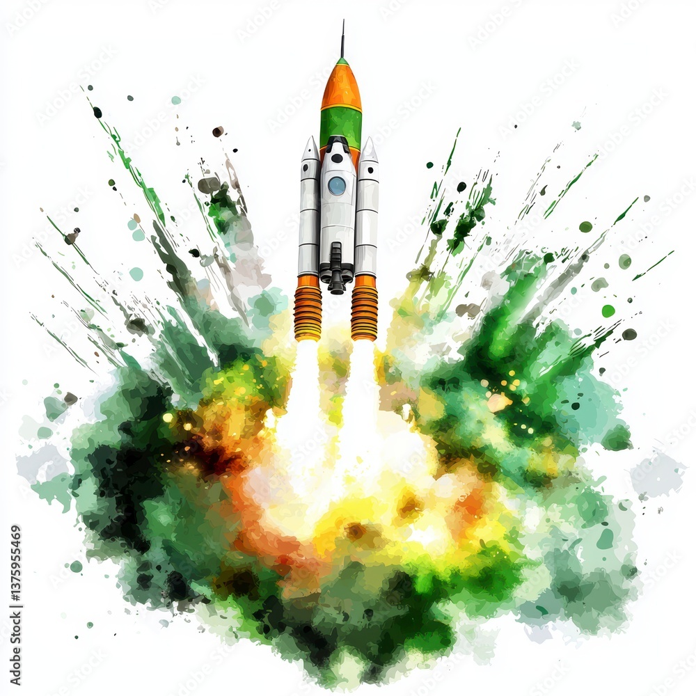Poster rocket launch event outer space digital art explosive environment aerial view space exploration conc
