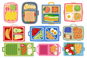 Lunch boxes top view. Kids school plastic containers with food, sandwich for lunch and breakfast, snack between lessons, vegetables, fruits, cartoon flat style isolated recent vector set