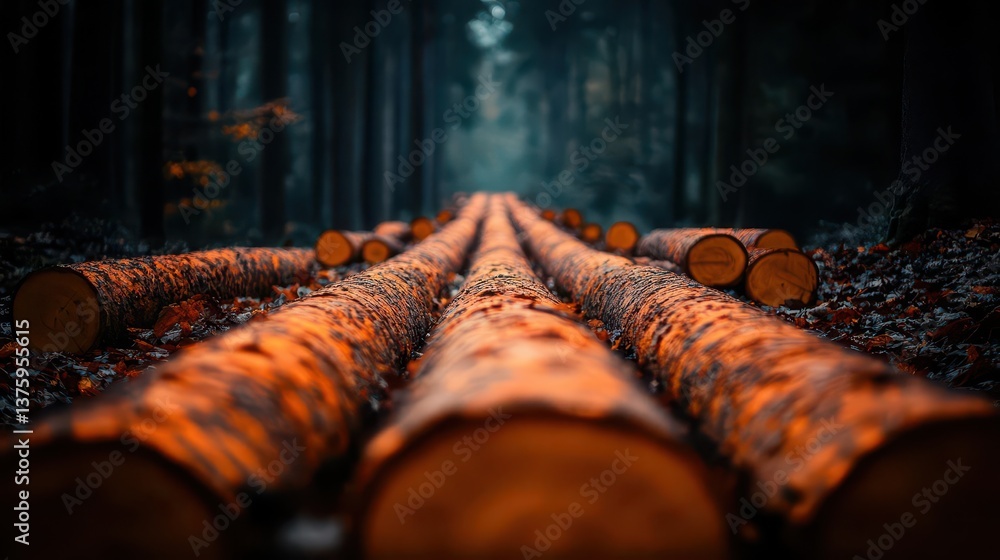 Poster tranquil forest scene featuring logs resting on the ground surrounded by lush greenery and tall tree