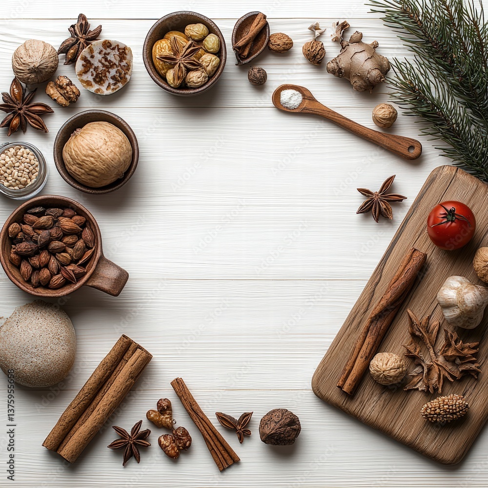 Poster a table displaying an array of various spices, highlighting the colorful diversity of culinary ingre