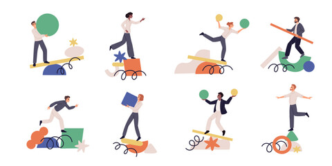 Instability people. Trying find balance, abstract shapes groups, stability lack, precarious position, danger of falling, business characters cartoon flat style isolated garish vector set