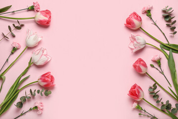 Beautiful tulips with carnation flowers and eucalyptus branches on pink background. Mother's Day celebration