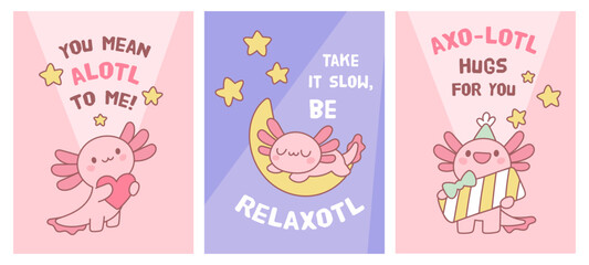 Funny axolotls cards. Cute pink amphibian character, cartoon newt, salamander, kawaii animal mascot, banners with text, reptile creatures, childish print, comic isolated garish vector set