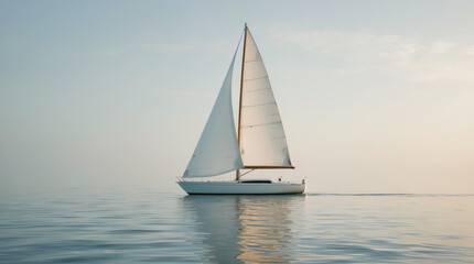 Sailing peacefully on calm waters at dawn with a beautiful sailboat gliding silently through the morning mist