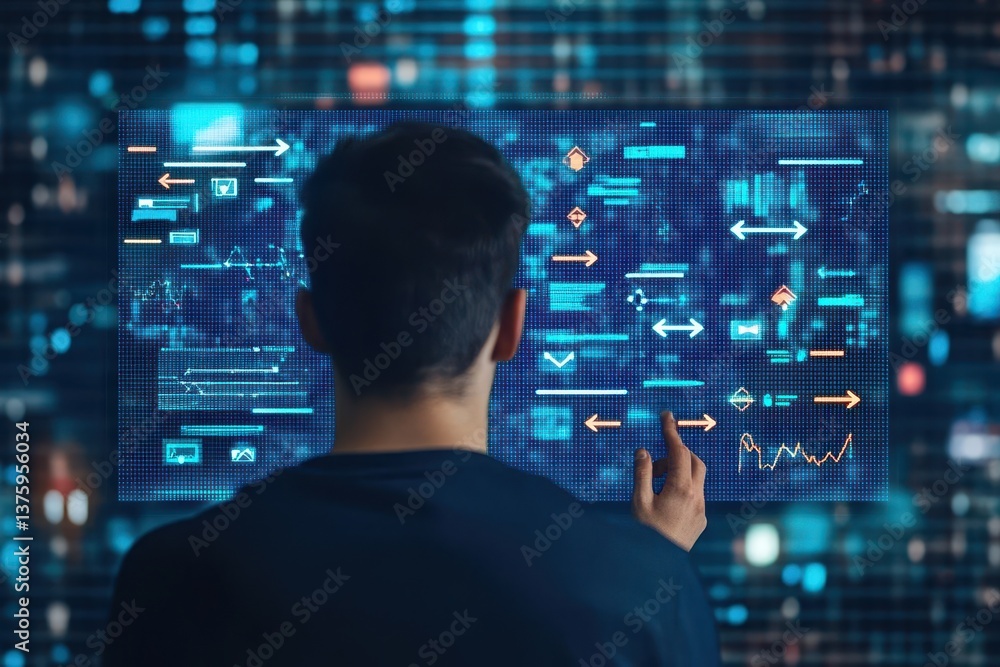 Poster Thoughtful man analyzing a digital interface, engaged in technology and innovation in a modern business setting