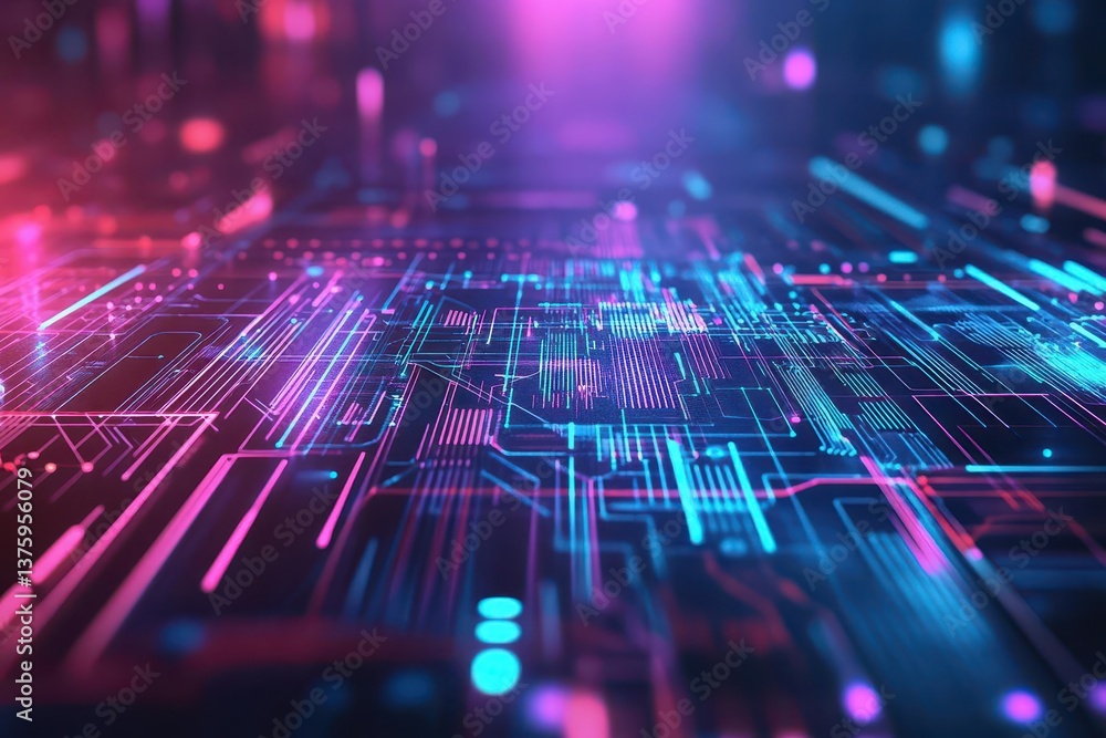 Leinwandbilder artistic circuit board featuring vibrant pink and blue lights creating a mesmerizing glow and eye-ca