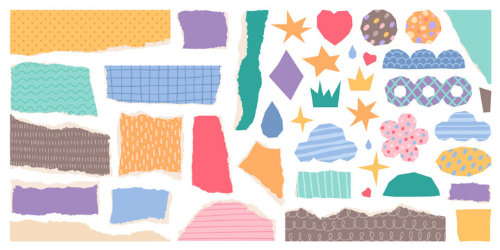 Naklejki Color torn paper. Cut pieces with uneven edges and patterns, patchwork or scrapbooking fragments, collage art elements, isolated decorative abstract fragments, sticker classy vector set