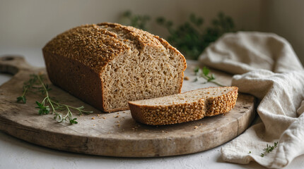 Freshly baked sesame bread on a wooden cutting board with herbs in a cozy kitchen setting