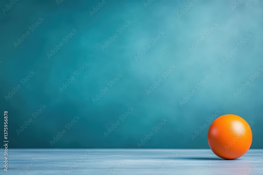 Poster Bright orange ball positioned on a simple table surface with soft lighting creating a playful and energetic atmosphere
