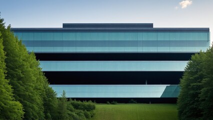 Fototapeta premium Modern Architecture: A Linear Glass Building Harmoniously Blended with Lush Greenery, Creating an Inspiring and Contemporary Landscape.