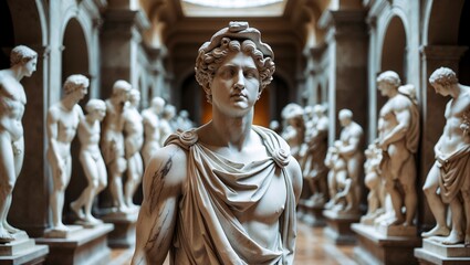 Elegant marble statue amidst classical museum sculptures