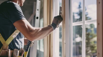 A construction worker installing windows at a job site. Featuring precision and focus