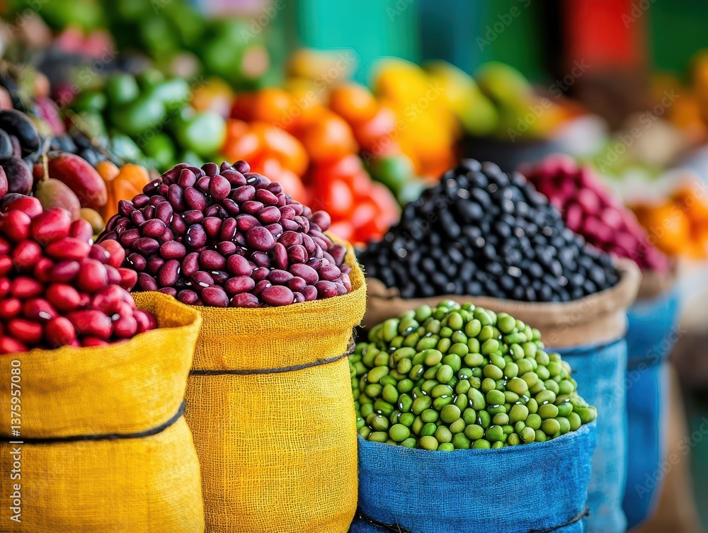 Poster assortment of various beans displayed together on a rustic wooden surface showcasing their unique sh