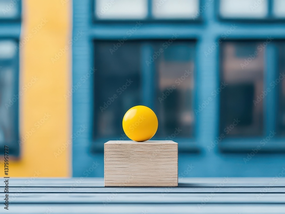 Aufkleber Bright yellow egg resting on a wooden block creating a simple yet striking visual element against natural backdrop