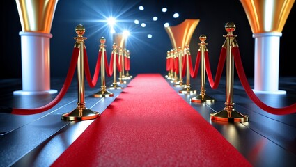 Elegant red carpet ceremony with golden stanchions and spotlights