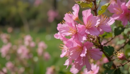 Obraz premium A close up shows clusters of pink blossoms with yellow stamens growing on a tree branch, with a blurred background of foliage and other blossoms.