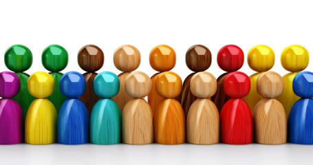 Group of multicolored wooden people figures isolated on white background with copy space. Diversity, team, inclusion and human resources concept. Generative Ai.