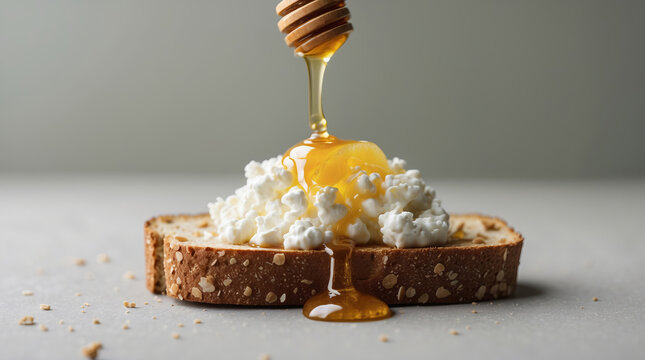 Delicious honey drizzled over cottage cheese on a slice of whole grain bread for a tasty breakfast treat