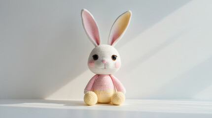 Soft crochet bunny toy sitting on a white surface in bright daylight showcasing pink and cream colors