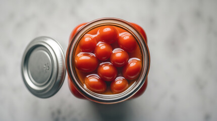 Canned cherry tomatoes in glass jar with lid on a light surface during daylight