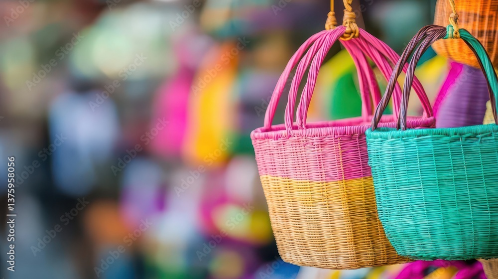 Leinwandbilder a vibrant display of colorful baskets hanging elegantly on a wall creating an artistic and cheerful 