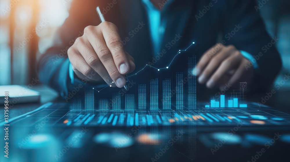 Poster Focused individual working on a laptop displaying an analytical graph while engaged in modern business activities