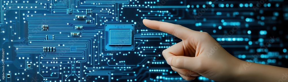 Poster Close-up of a finger touching a circuit board highlighting the connection between human interaction and technology