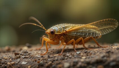 An insect with wings stands on earth.