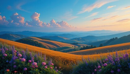 A landscape with rolling hills under a blue and orange sky. Pink and purple flowers grow in the foreground.