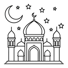 Black and White Mosque With Crescent Moon and Stars for Coloring
