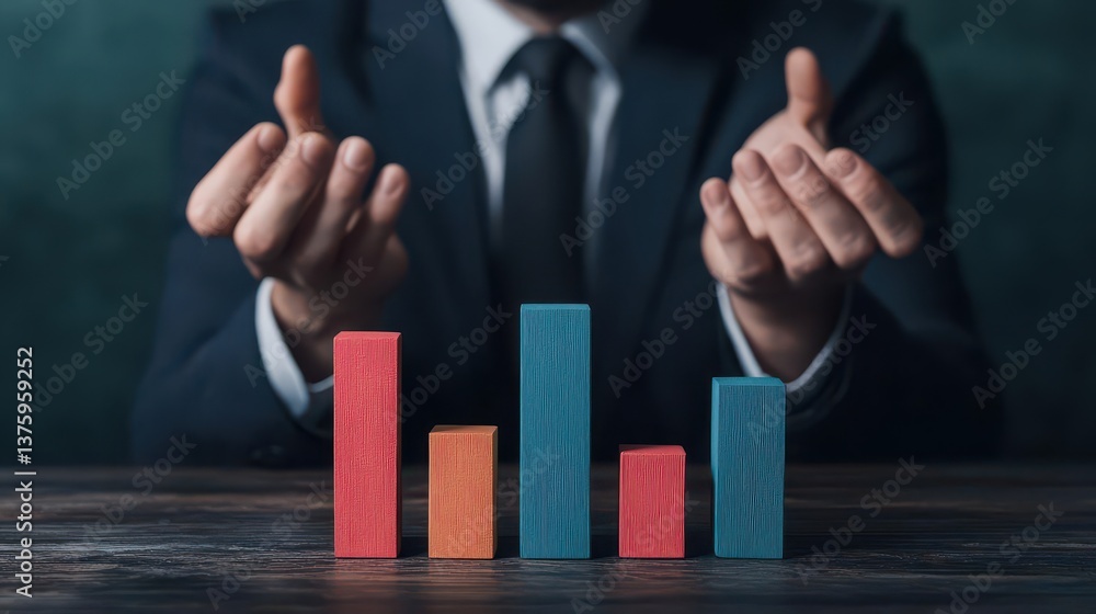 Poster businessman in formal suit analyzing financial data with bar chart in hand against a professional of