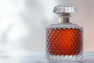 A decorative crystal bottle filled with an amber colored liquid