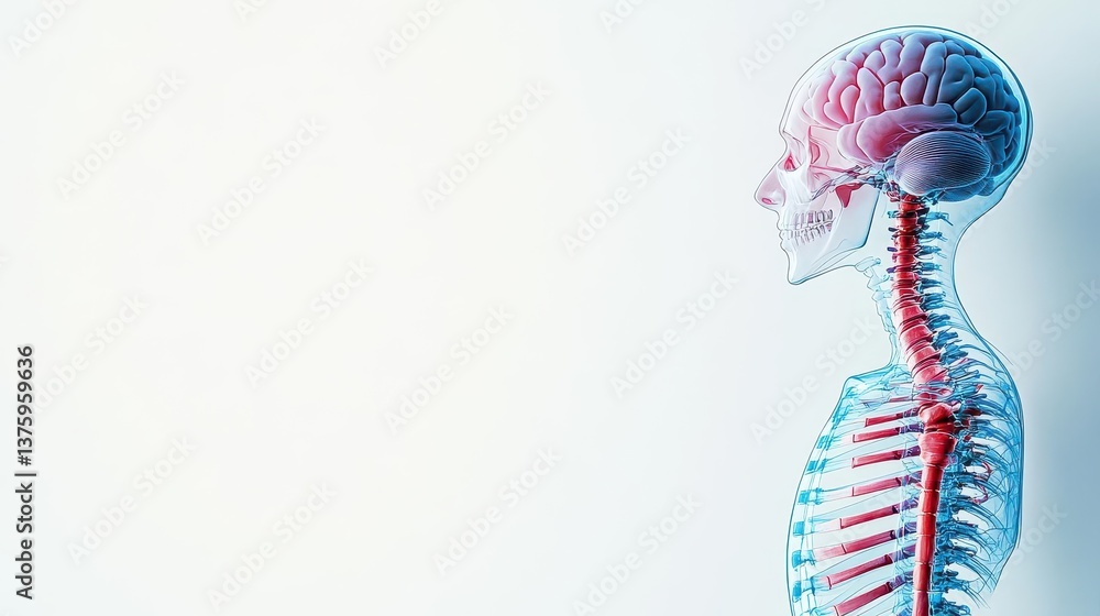 Fototapete Human skeleton model with brain highlighted in red and blue to illustrate cognitive functions and neurological structures