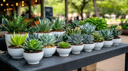 Fototapeta premium Colorful succulents arranged in white pots captivate visitors looking for inspiration for their garden or indoor space