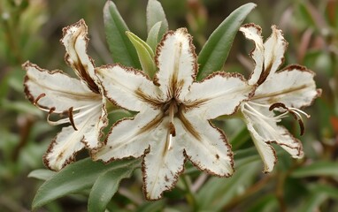 Closeup of Two Delicate White Flowers with Brown Edges