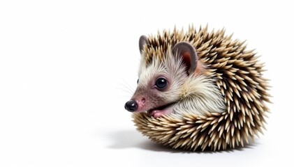 Naklejka premium Tiny hedgehog curled in a ball, white background, cute, prickles, animal